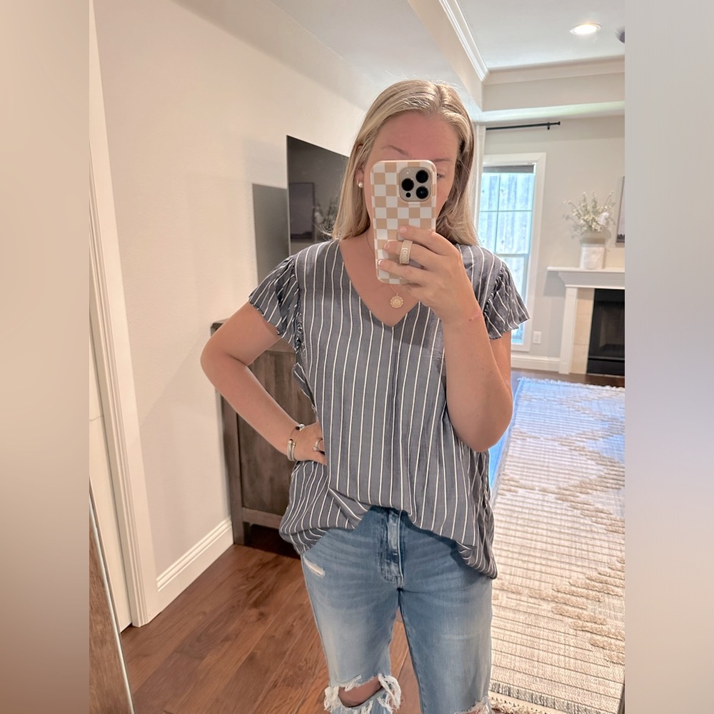 Old Navy Denim/Navy Striped V-Neck Blouse With Ruffle Cap Sleeves